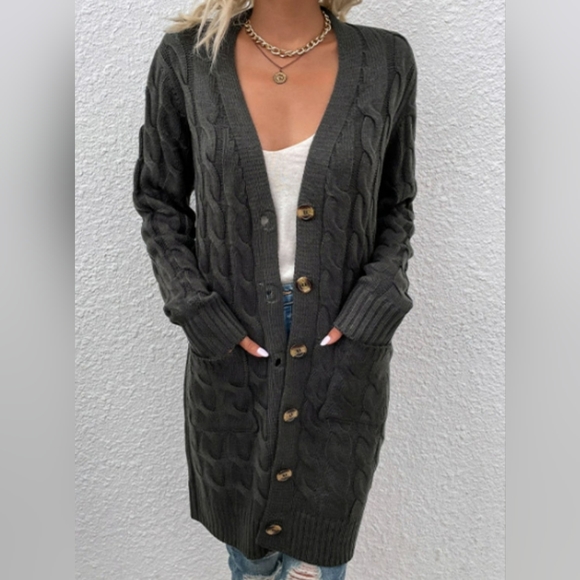 Chunky Cable-Knit Classic Button Front Long Cardigan Patch Pockets Fall Winter - Picture 1 of 7